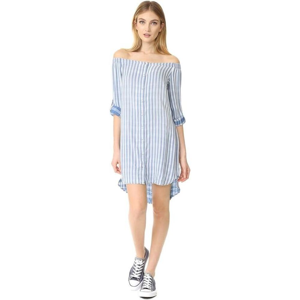Anthropologie Cloth & Stone Blue Striped Tencel Off The Shoulder Shirt Dress